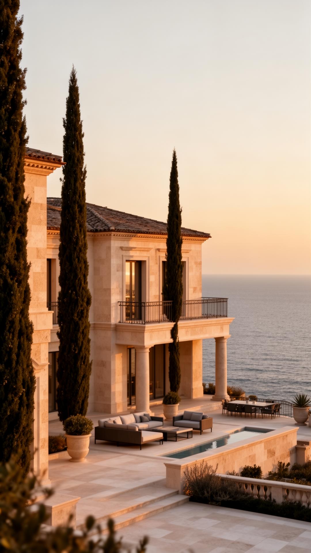 Elegant Mediterranean luxury villa overlooking the sea at golden hour