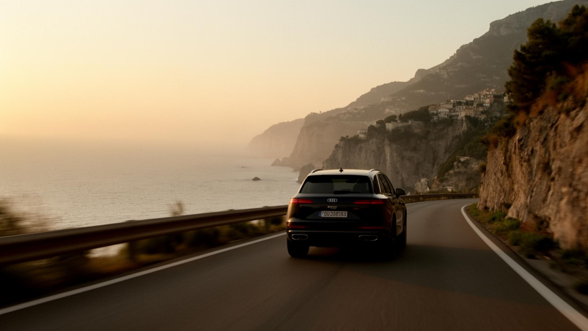 Auto premium su una strada costiera europea al tramonto