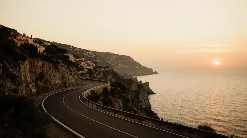 Premium driving experience on a European coastal road at dusk